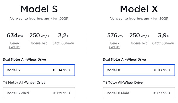 Prijzen Tesla Model S en Model X