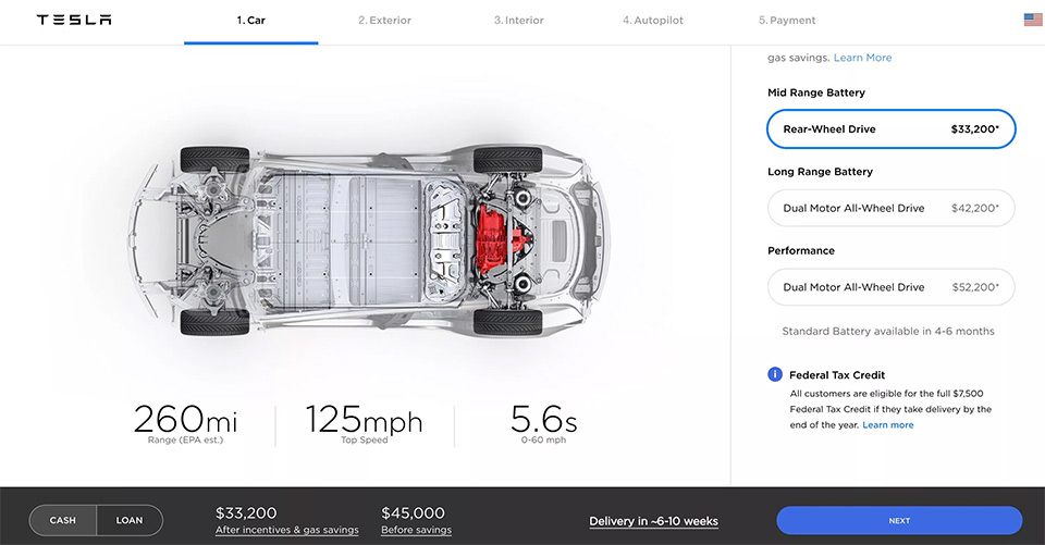 Tesla Model 3 mid range (online configurator)